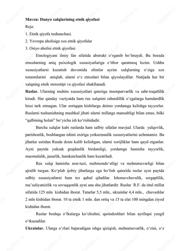 dunyo xalqlarining etnik qiyofasi — DOCX