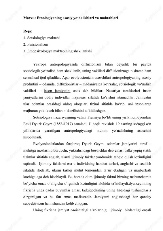 etnologiyaning asosiy yo‘nalishlari va maktablari — DOCX
