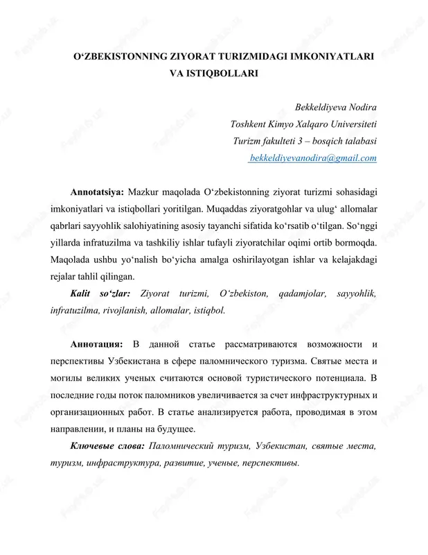 o‘zbekistonning ziyorat turizmidagi imkoniyatlari va istiqbollari — DOCX