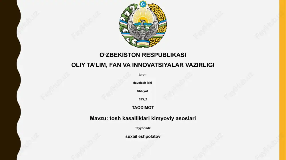 tosh kasalliklari kimyoviy asoslari — PPTX