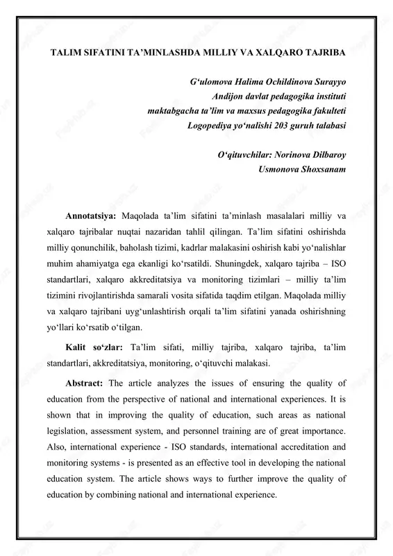 ta'lim sifatini ta’minlashda milliy va xalqaro tajriba — PDF