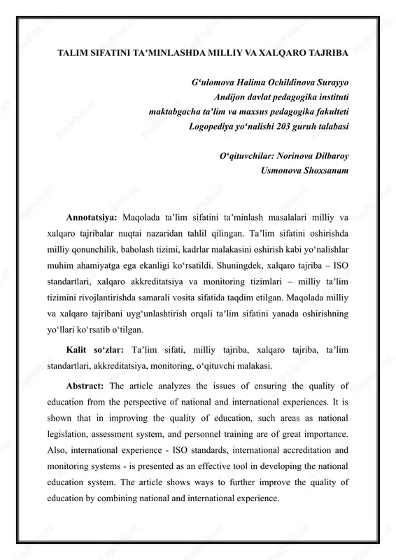 talim sifatini taʼminlashda milliy va xalqaro tajriba — DOC
