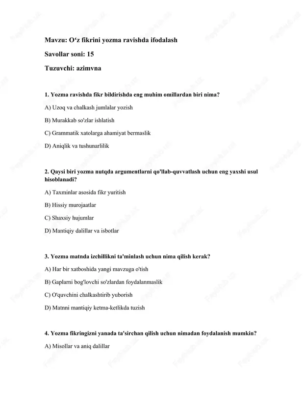 oʻz fikrini yozma ravishda ifodalash — DOCX