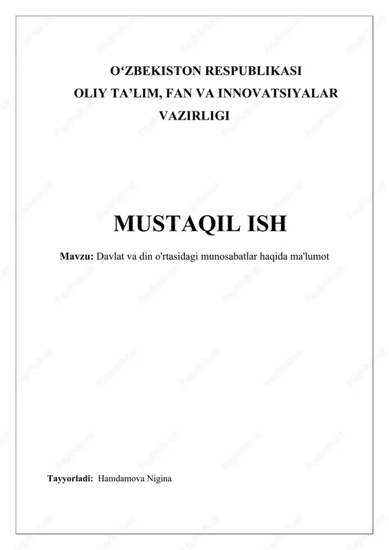 davlat va din munosabatlar haqida ma'lumot — DOCX