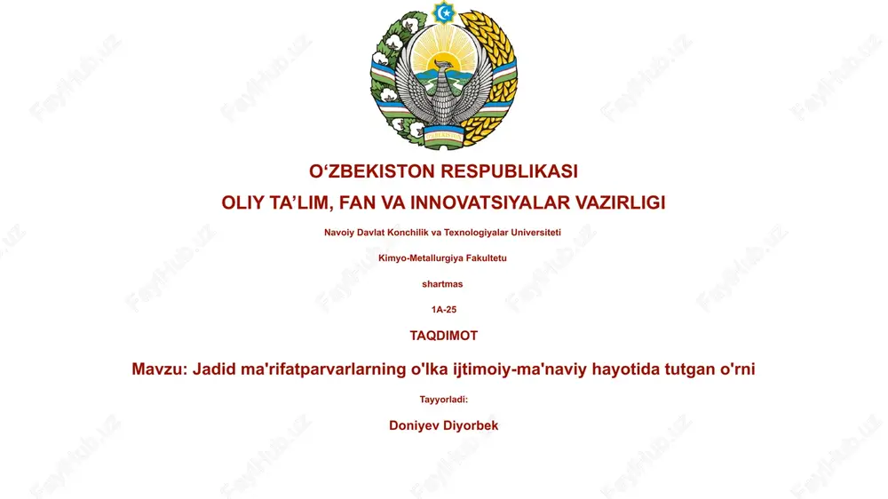 jadid ma'rifatparvarlarning o'lka ijtimoiy-ma'naviy hayotida tutgan o'rni — PPTX