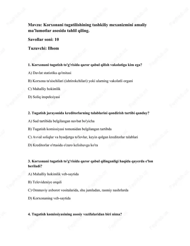 korxonani tugatilish tashkiliy mexanizmi — DOCX