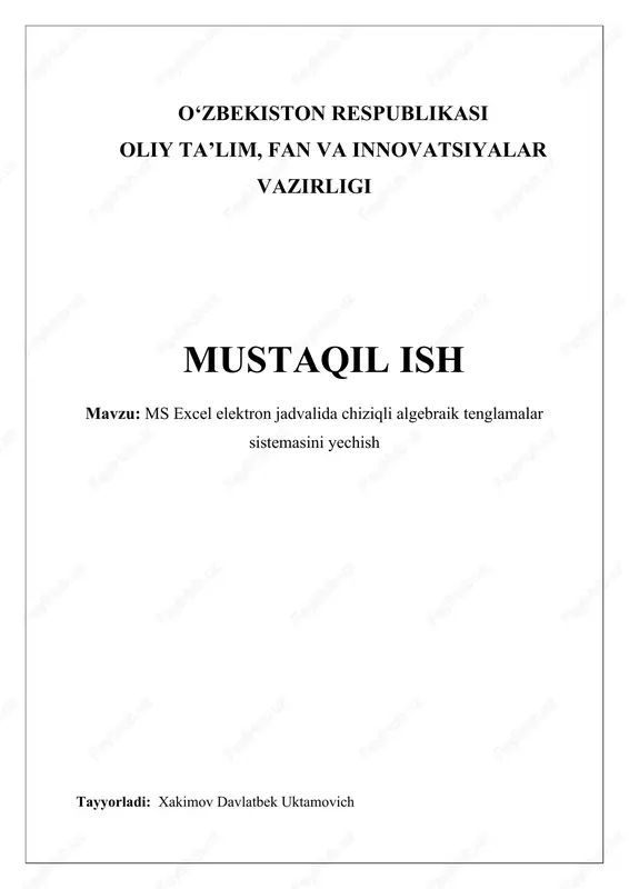 ms excel elektron jadvalida chiziqli algebraik tenglamalar sistemasini yechish — DOCX