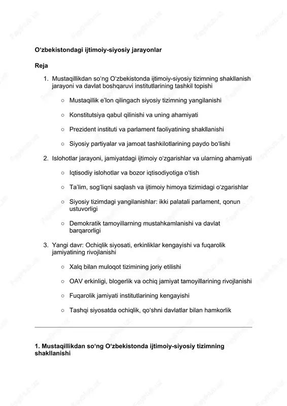 oʻzbekistondagi ijtimoiy-siyosiy jarayonlar — DOCX