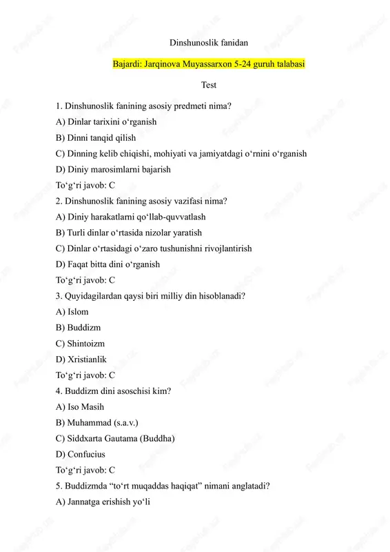 dinshunoslik fanidan — PDF