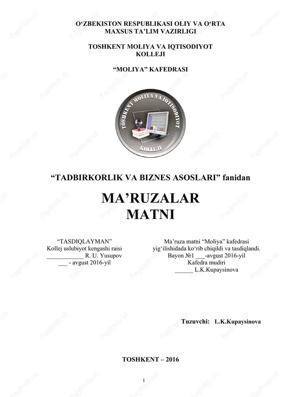 tadbirkorlik va biznes asoslari — DOC