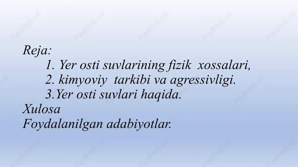 yer osti suvlarining fizik xossalari va kimyoviy tarkibi — PPTX