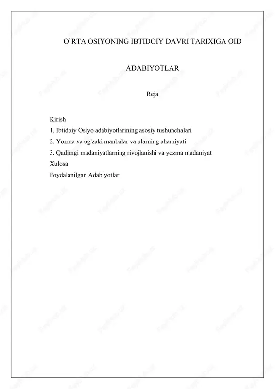 o`rta osiyoning ibtidoiy davri tarixiga oid adabiyotlar — DOCX