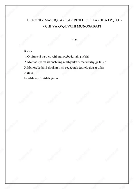 jismoniy mashqlar tasirini belgilashda oʻqituvchi va oʻquvchi munosabati — DOCX