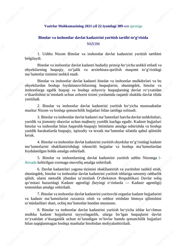 binolar va inshootlar davlat kadastrini yuritish tartibi nizom — DOCX