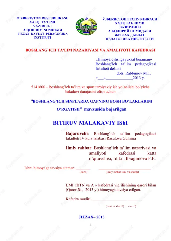 boshlang’ich sinflarda gapning bosh bo’laklarini o’rgatish — DOCX