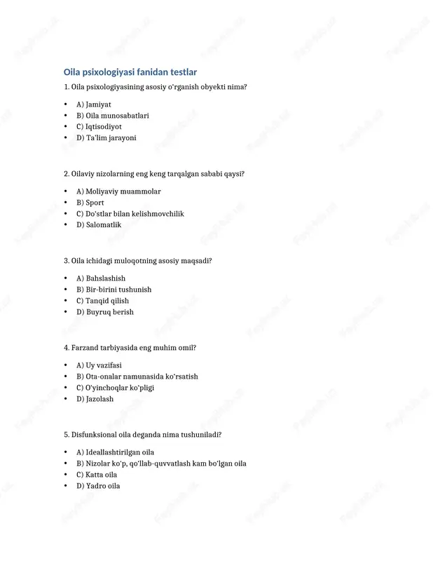 oila psixologiyasi fanidan testlar — DOCX