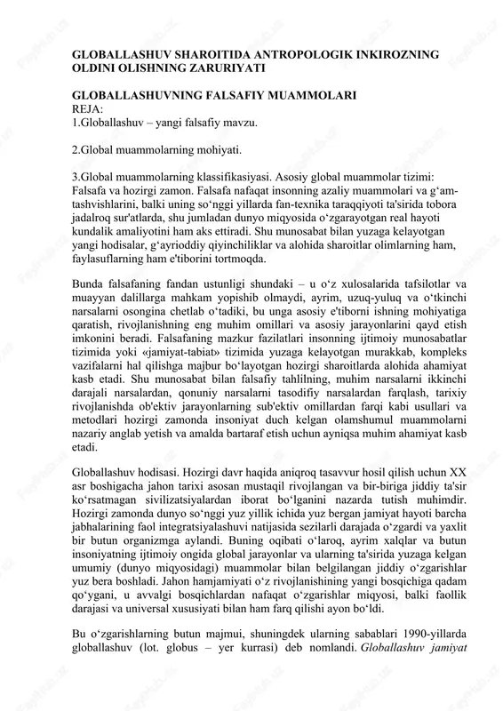 globallashuv sharoitida antropologik inqirozning oldini olishning zaruriyati — DOCX