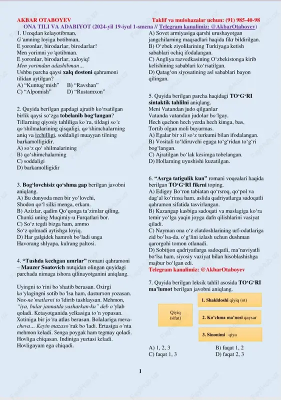 ona tili testlar — PDF