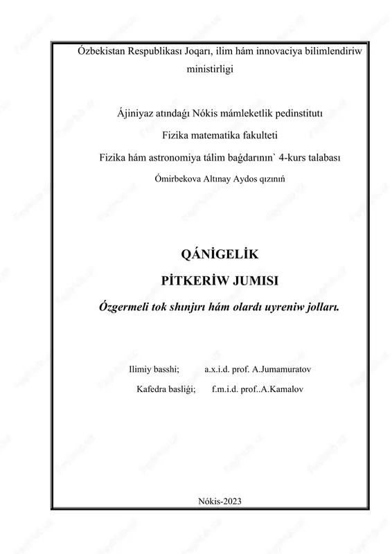 ózgermeli tok shınjırı hám olardı uyreniw jollari — DOCX