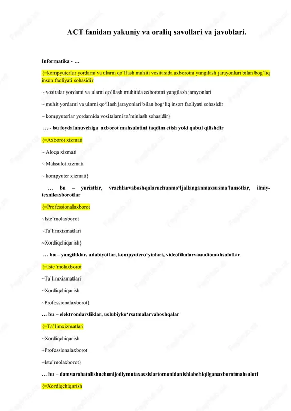 act fanidan yakuniy va oraliq savollari va javoblari — DOCX