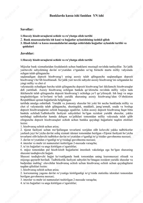 banklarda kassa ishi fanidan yn ishi — DOCX
