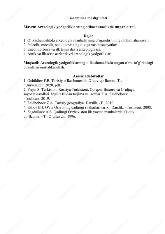 arxeologik yodgorliklarning o‘lkashunoslikda tutgan o‘rni — DOCX