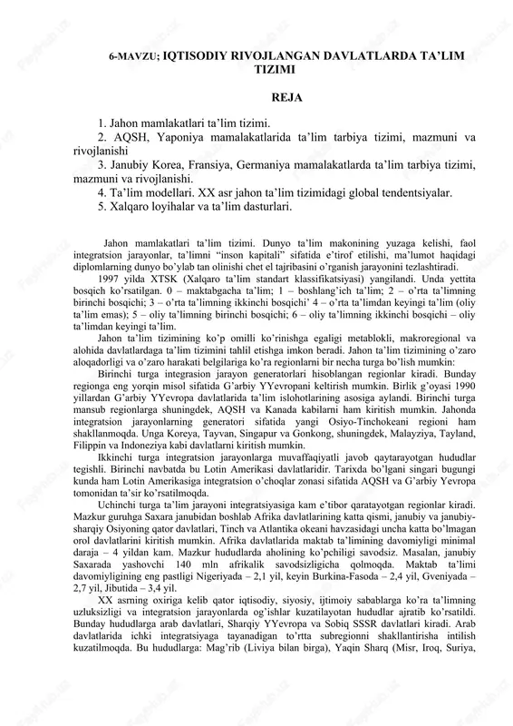 iqtisodiy rivojlangan davlatlarda ta’lim tizimi — DOC