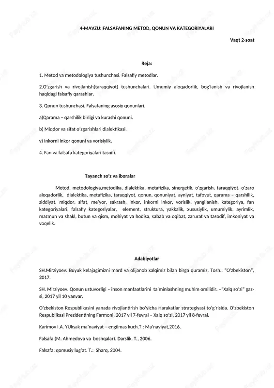 falsafaning metod, qonun va kategoriyalari — DOCX
