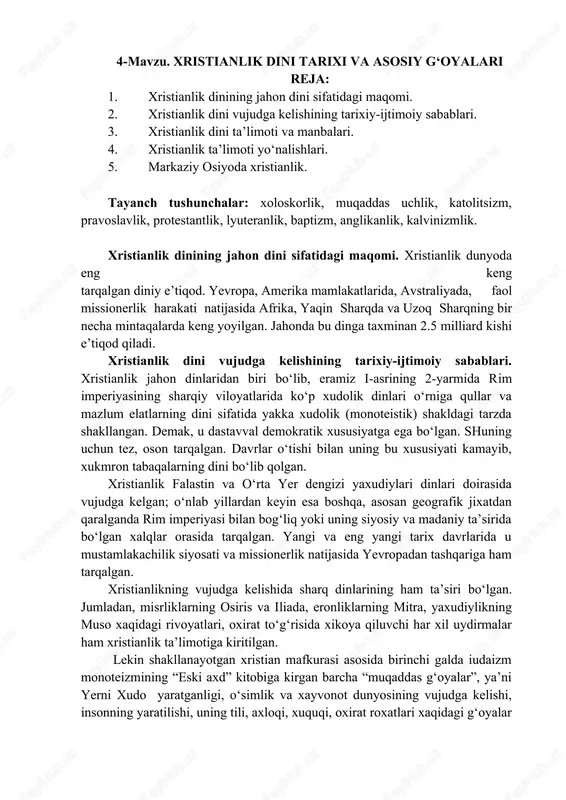 xristianlik dini tarixi va asosiy g‘oyalari — DOCX