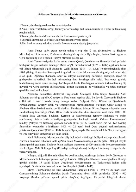 temuriylar davrida movarounnahr va xuroson — DOCX