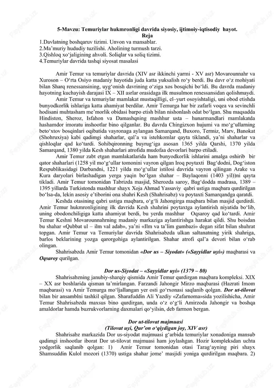 temuriylar hukmronligi davrida siyosiy, ijtimoiy-iqtisodiy hayot — DOCX