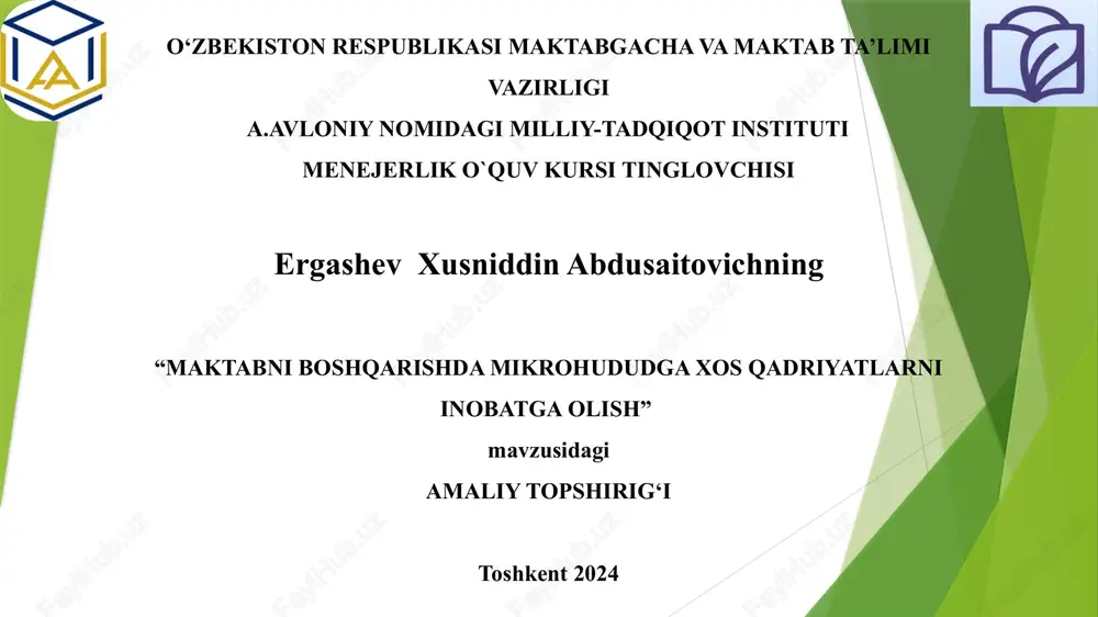 "maktabni boshqarishda mikrohududga xos qadriyatlarni inobatga olish" — PPTX