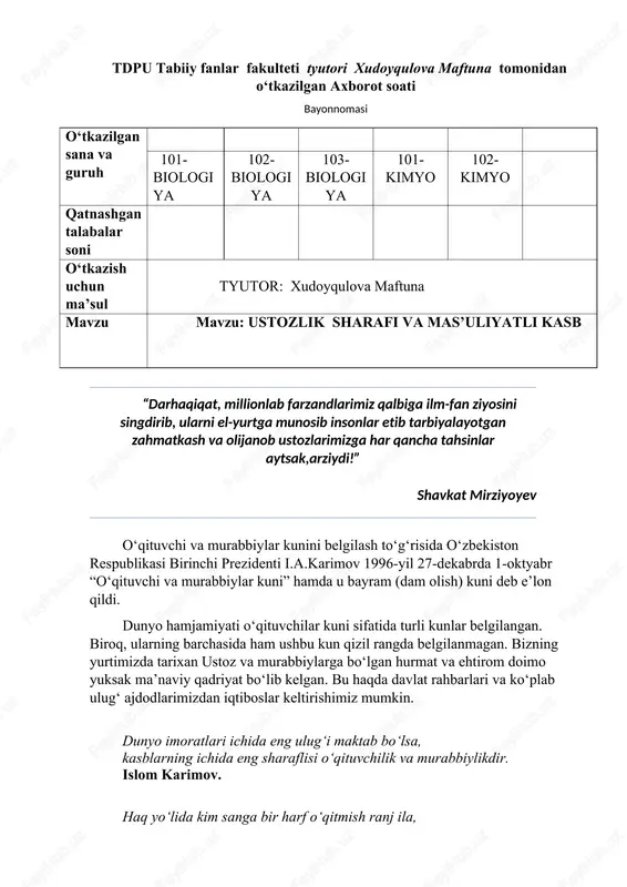 ustozlik sharafi va masʼuliyatli kasb — DOC