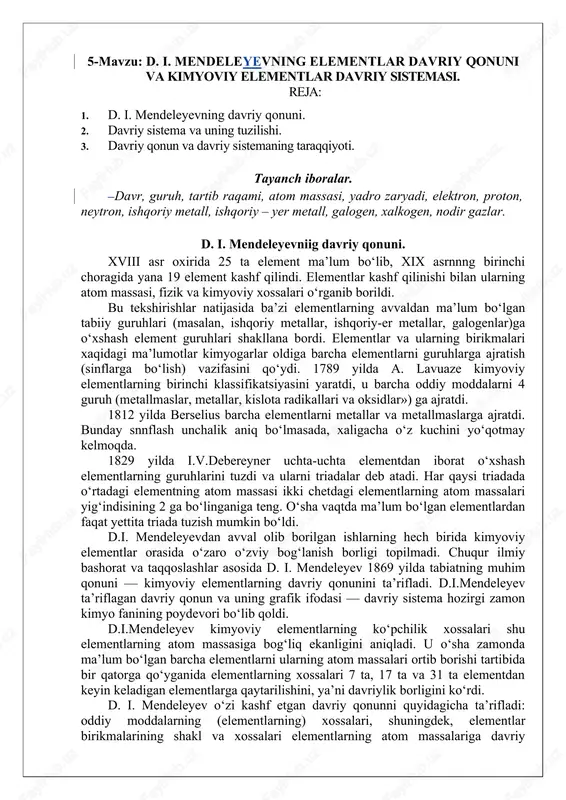 d. i. mendeleyevning elementlar davriy qonuni va kimyoviy elementlar davriy sistemasi — DOC