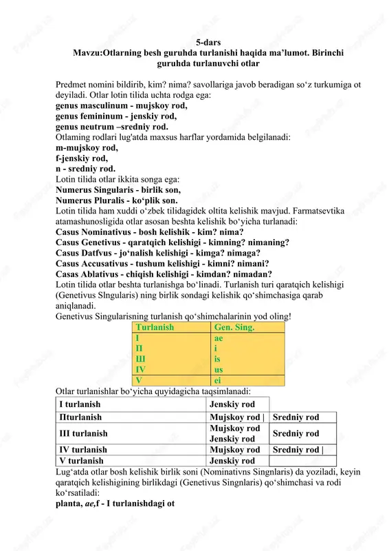 otlarning besh guruhda turlanishi haqida ma'lumot — DOCX