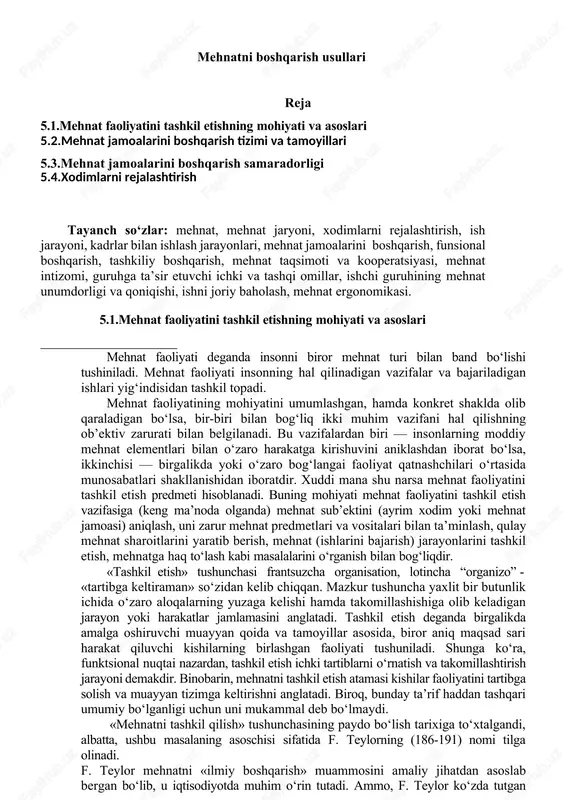 mehnatni boshqarish usullari — DOCX
