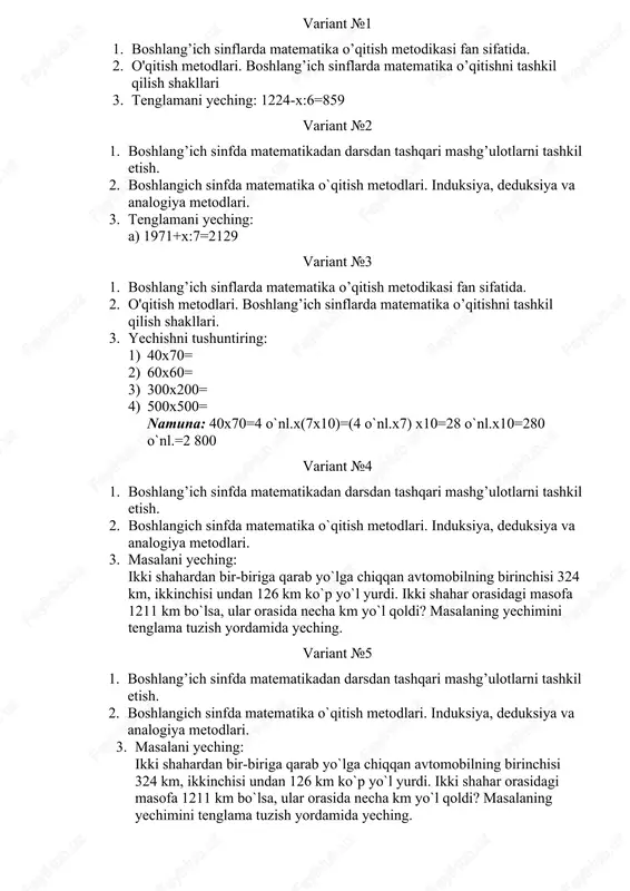 boshlang'ich sinflarda matematika o'qitish metodikasi — DOCX