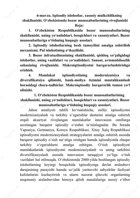 iqtisodiy islohotlar va xususiy mulkchilikning shakllanishi — DOCX