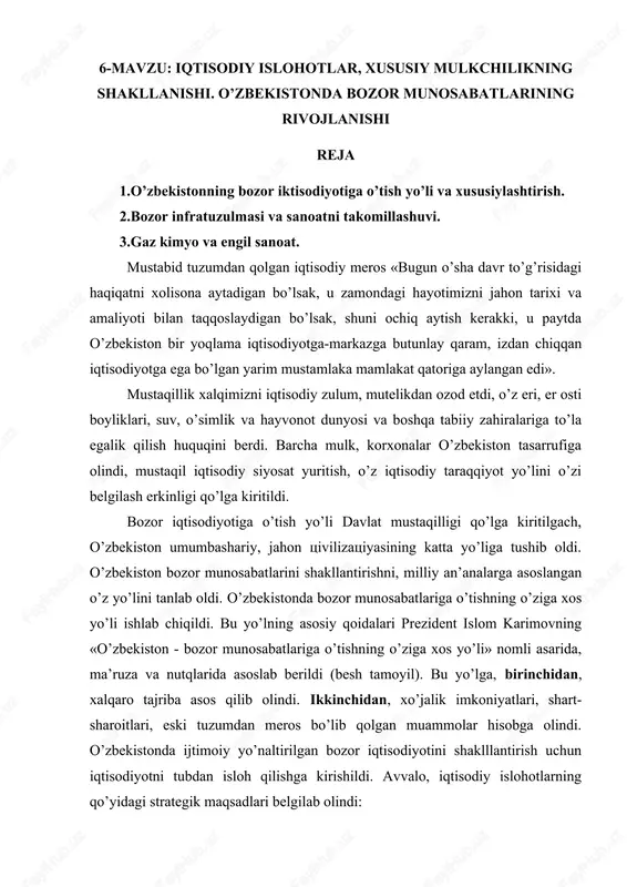 iqtisodiy islohotlar, xususiy mulkchilikning shakllanishi — DOCX