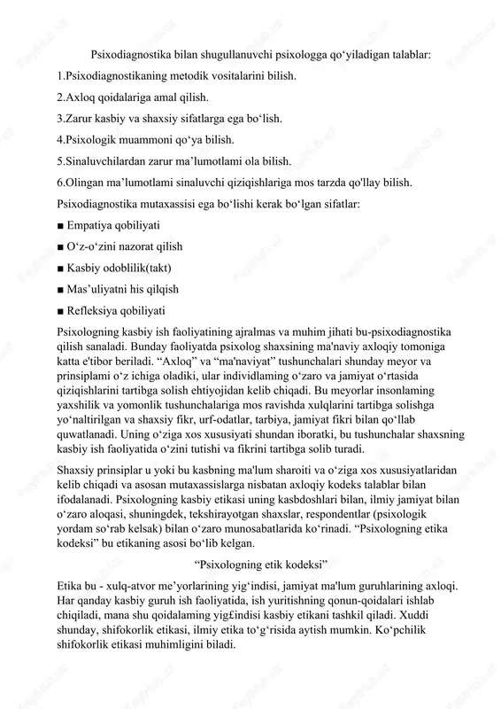 psixodiagnostika bilan shugullanuvchi psixolog — DOCX