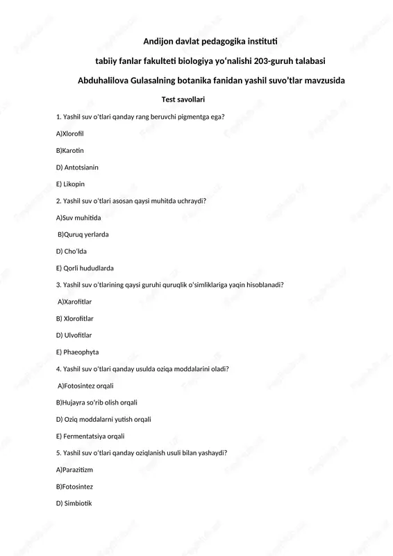 yashil suv oʻtlari test savollari — DOCX