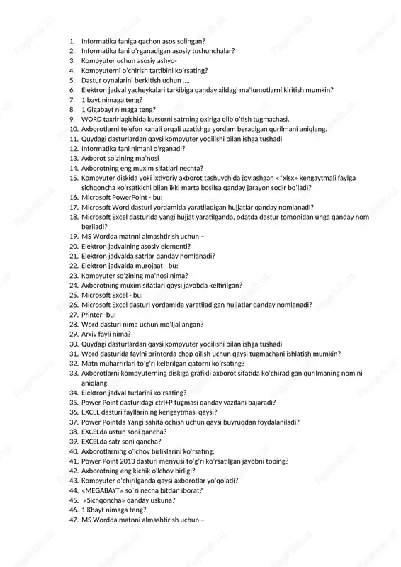 informatika fanidan test savollari — DOCX