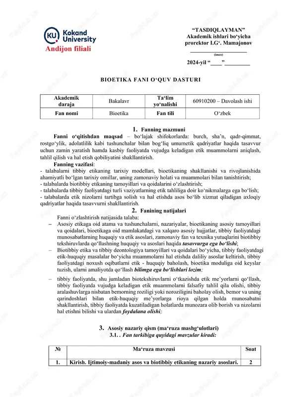 bioetika fani oʻquv dasturi — DOCX