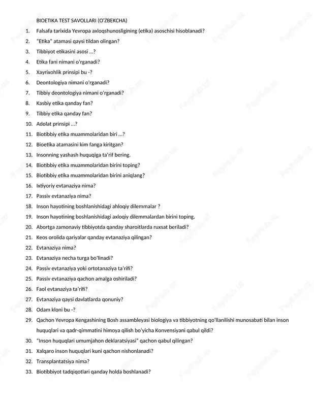 bioetika test savollari (o'zbekcha) — DOCX