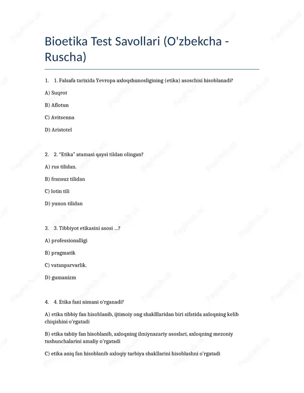 bioetika test savollari (o'zbekcha - ruscha) — DOCX