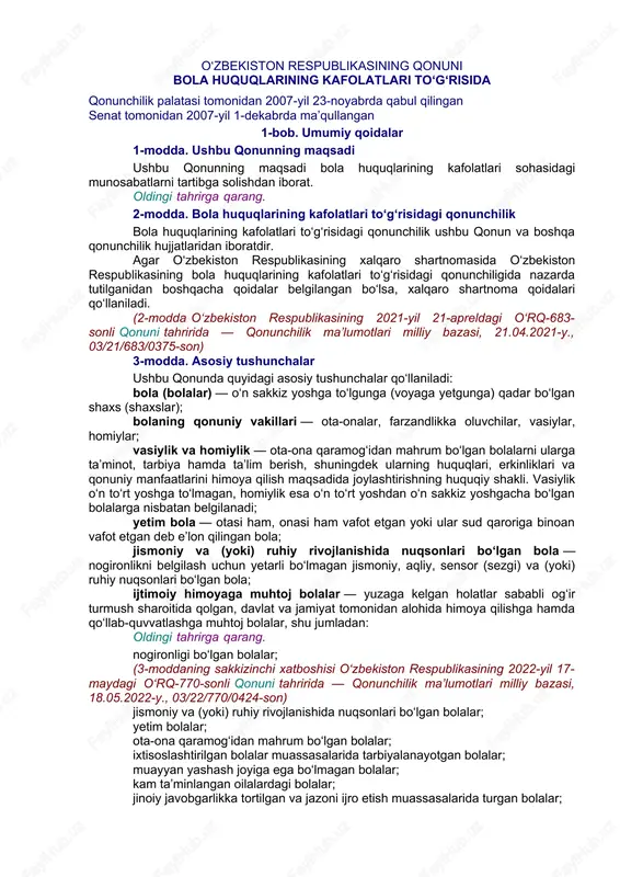 bola huquqlarining kafolatlari — DOCX