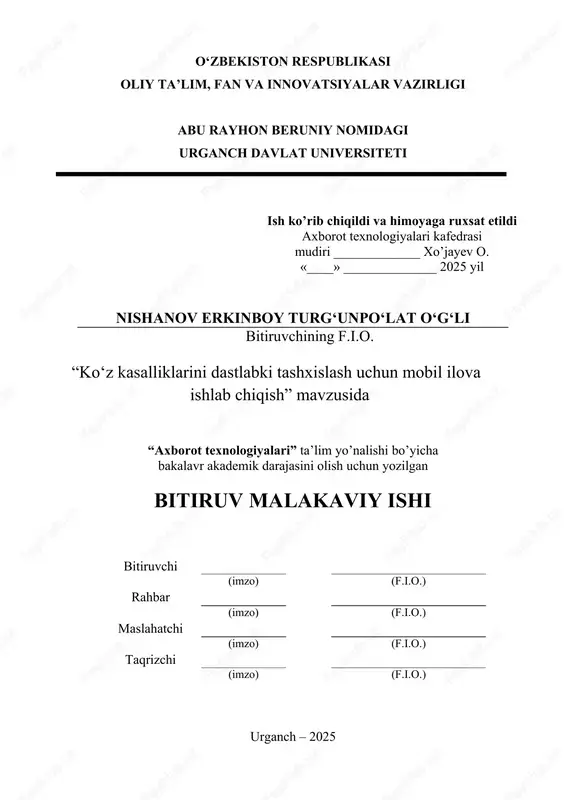 ko‘z kasalliklarini dastlabki tashxislash uchun mobil ilova — DOCX