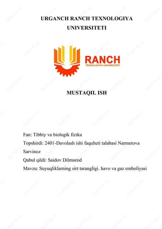 suyuqliklarning sirt tarangligi. havo va gaz emboliyasi — DOCX