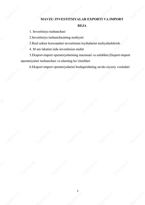 investitsiyalar exporti va import — DOCX
