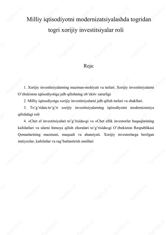 xorijiy investitsiyalarning mazmun-mohiyati va turlari — DOC